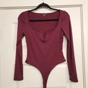 Burgundy Maroon Ribbed Longsleeve Bodysuit Wired V-neck Support Tummy Control